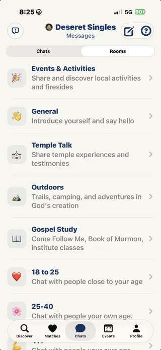 The Rooms screen: Events and Activities, Temple Talk, Gospel Study, Outdoors and age rooms