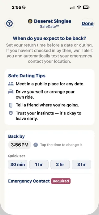 The SafeDate screen: set your return time and an emergency contact